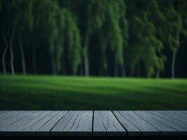 Wooden table and blur tropical green grass background, product display montage. High quality photo 8k FHD AI generated