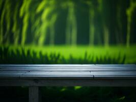 Wooden table and blur tropical green grass background, product display montage. High quality photo 8k FHD AI generated