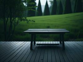 Wooden table and blur tropical green grass background, product display montage. High quality photo 8k FHD AI generated