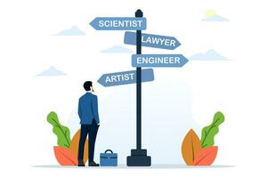 Concept of decision making for career path, career guidance and development, businessman standing at road direction sign, determining to choose the right choice in career. flat vector illustration.