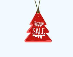 etiqueta de papel de venta de Navidad roja vectorial, forma de árbol de Navidad y elementos dibujados a mano en rojo y nieve, colgando con texto de descuento para la ilustración de vector de promoción de vacaciones de compras de Navidad.