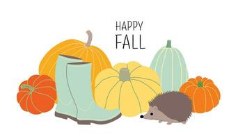 Happy fall. Cute illustration with hedgehog, many different pumpkins and rubber boots. Horizontal autumn banner in flat style.Vector illustration isolated on white background vector