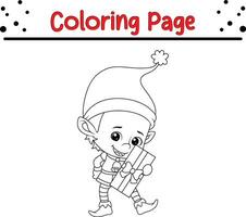 Christmas elf coloring page for kids. Vector black and white illustration isolated on white background.