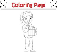 Happy Christmas kid with gift coloring page for children. vector