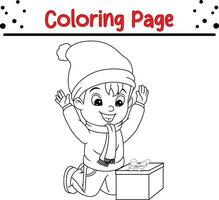 Happy Christmas cartoon little boy coloring page for children. vector