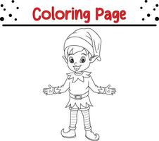 Christmas elf coloring page for kids. Vector black and white illustration isolated on white background.