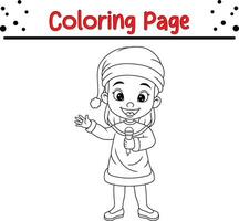 Happy Christmas cartoon little girl coloring page for children. vector