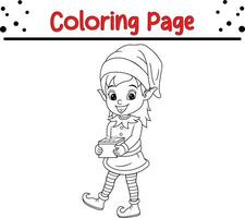 Christmas elf coloring page for kids. Vector black and white illustration isolated on white background.