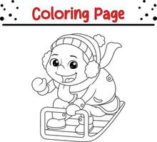 Winter little kids coloring page for kids. Vector black and white illustration isolated on white background.