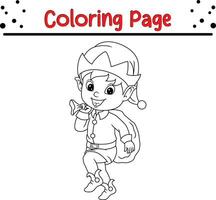 Happy Christmas elf coloring page for children. vector