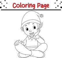 Happy Christmas elf coloring page for children. .Line art design for kids coloring page. Vector illustration. Isolated on white background.