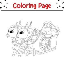 Santa in his Christmas sled being pulled by reindeer coloring page. Happy Winter Christmas theme coloring book. vector