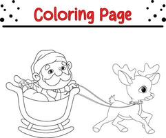 Santa in his Christmas sled being pulled by reindeer coloring page. Happy Winter Christmas theme coloring book. vector