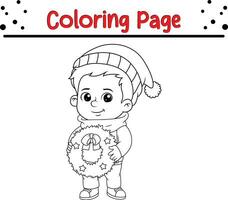 Winter little kids coloring page for kids. Vector black and white illustration isolated on white background.