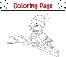 Cute bird Christmas coloring page for kids. Happy Winter Christmas theme coloring book. vector