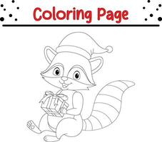 Cute Raccoon Christmas coloring page for kids. Happy Winter Christmas theme coloring book. vector