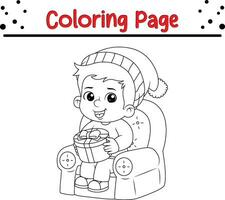 Winter little kids coloring page for kids. Vector black and white illustration isolated on white background.