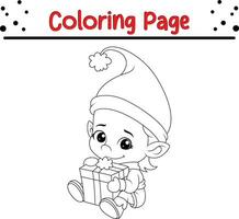 Christmas elf coloring page for kids. Vector black and white illustration isolated on white background.