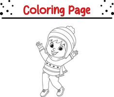 Christmas Happy children coloring page for kids. Vector black and white illustration isolated on white background.