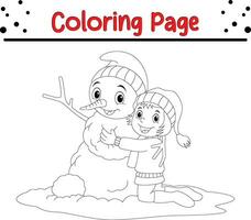 Cute Snowman Christmas coloring page for kids. Happy Winter Christmas theme coloring book. vector