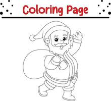 Christmas Santa with bag coloring page for kids. Vector black and white illustration isolated on white background.