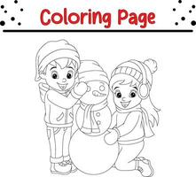 Christmas Happy children coloring page for kids. Vector black and white illustration isolated on white background.