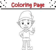 Happy Christmas elf coloring page for children. .Line art design for kids coloring page. Vector illustration. Isolated on white background.