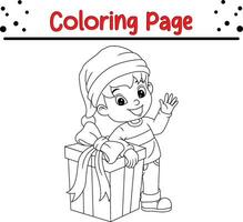 Happy Christmas kid with gift coloring page for children. vector