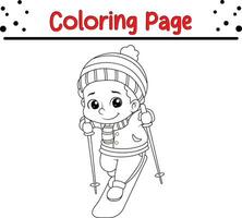 Christmas Happy children coloring page for kids. Vector black and white illustration isolated on white background.