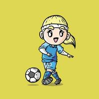 Cute Vector Illustration of Women Football player in Blue Jersey. Woman Football Player Illustration. Women Soccer Player Illustration.