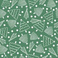 Seamless pattern with doodle Christmas trees on a green background. vector
