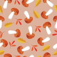 Seamless pattern with mushrooms and autumn leaves. vector