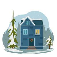 New Year's house in the forest. Dollhouse. Winter Christmas landscape with cartoon house. For postcards, banners, website. Vector illustration.