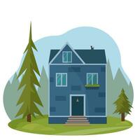 Country house in the forest. Summer house. Cottage among trees. Summer forest. Cartoon vector illustration.