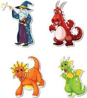 set of dragons in different colors with a magician vector