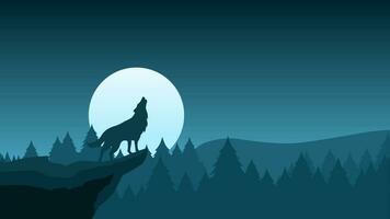 Wildlife wolf landscape in the cliff vector illustration. Wolf howling in full moon night illustration. Wildlife landscape for background, wallpaper or landing page. Pine forest wildlife in the night