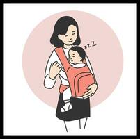 mujer que lleva su dormido bebé con un honda mano dibujado ilustración vector