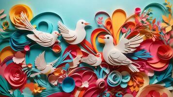 Bird and Flower Paper Art Style Abstract Background Illustration. AI Generated photo