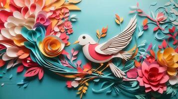 Bird and Flower Paper Art Style Abstract Background Illustration. AI Generated photo