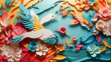 Bird and Flower Paper Art Style Abstract Background Illustration. AI Generated photo