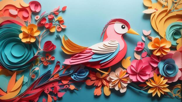 pájaro y flor papel Arte estilo resumen antecedentes ilustración. ai generado foto