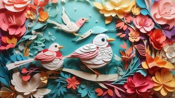 Bird and Flower Paper Art Style Abstract Background Illustration. AI Generated photo