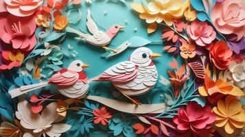 Bird and Flower Paper Art Style Abstract Background Illustration. AI Generated photo