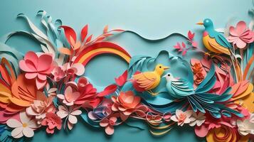 pájaro y flor papel Arte estilo resumen antecedentes ilustración. ai generado foto