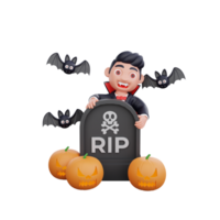 3d carino vampiro in piedi accanto lapide Halloween design png