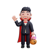 3d cute Vampire saying hello while holding pumpkin basket candy halloween design png