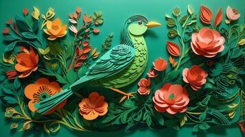 Elegant 3D Paper Art Background, Bird and Flower Illustration in Stunning Detail. AI Generated photo