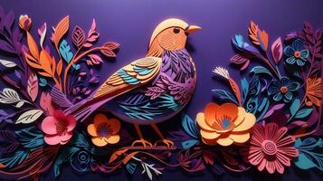 elegante 3d papel Arte fondo, pájaro y flor ilustración en maravilloso detalle. ai generado foto