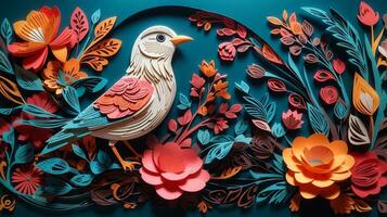 elegante 3d papel Arte fondo, pájaro y flor ilustración en maravilloso detalle. ai generado foto