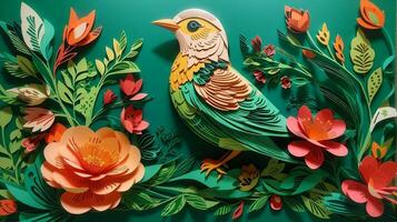 Elegant 3D Paper Art Background, Bird and Flower Illustration in Stunning Detail. AI Generated photo